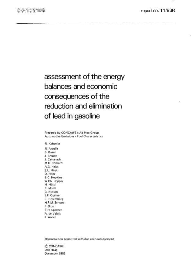 Assessment of the energy balances and economic consequences of the reduction and elimination of lead in gasoline