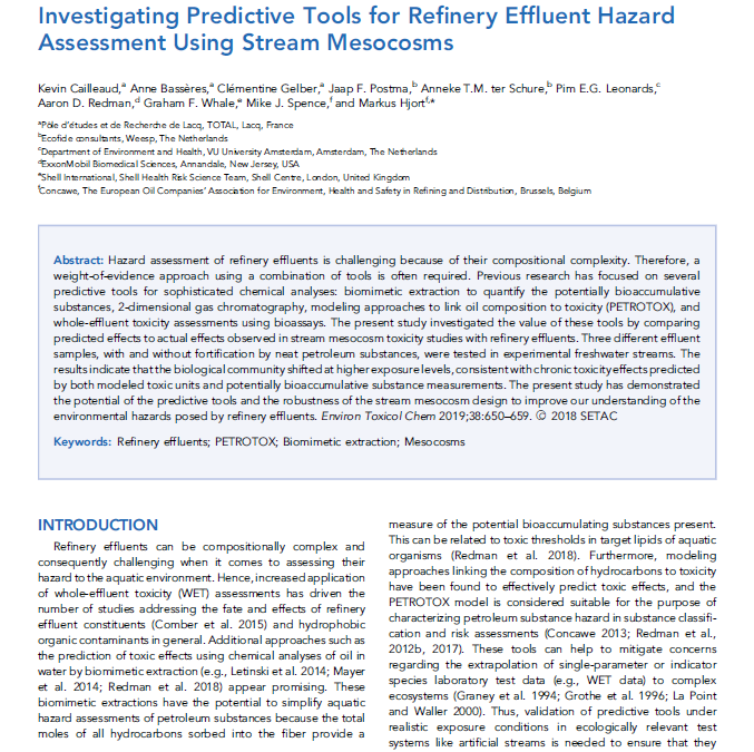 Investigating predictive tools for refinery effluent hazard assessment using stream mesocosms