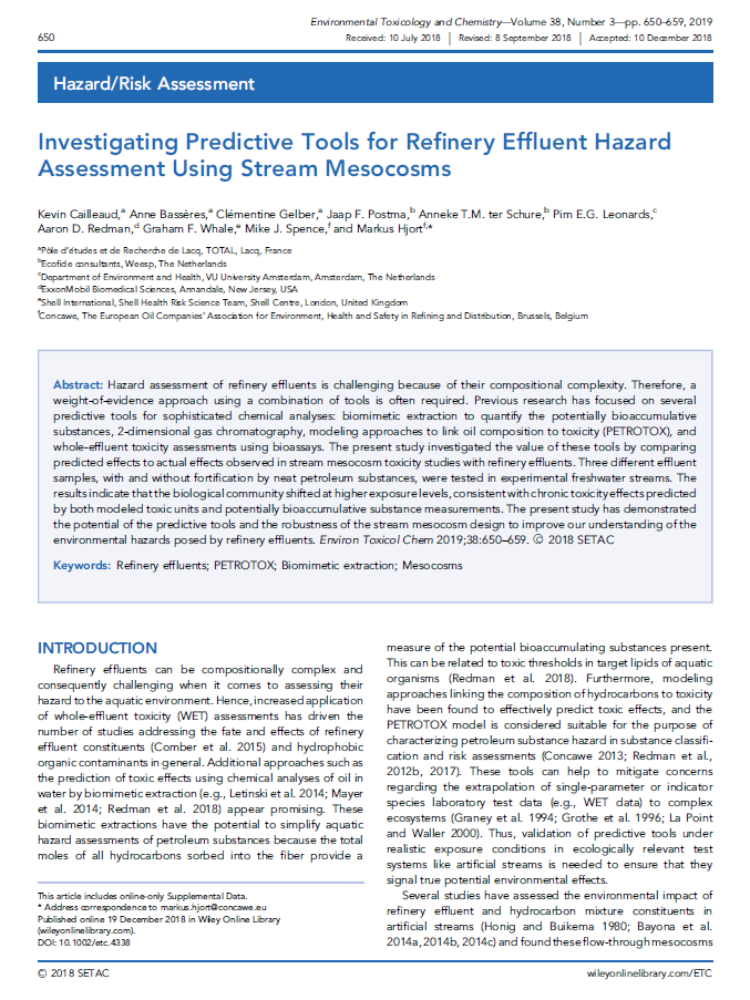 Investigating predictive tools for refinery effluent hazard assessment using stream mesocosms