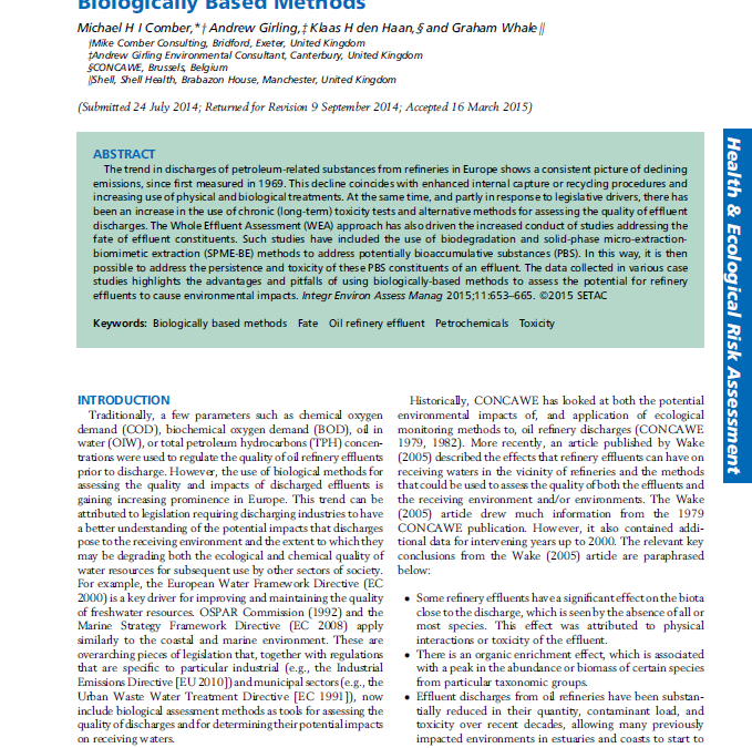 Oil refinery experience with the assessment of refinery effluents and receiving waters using biologically based methods
