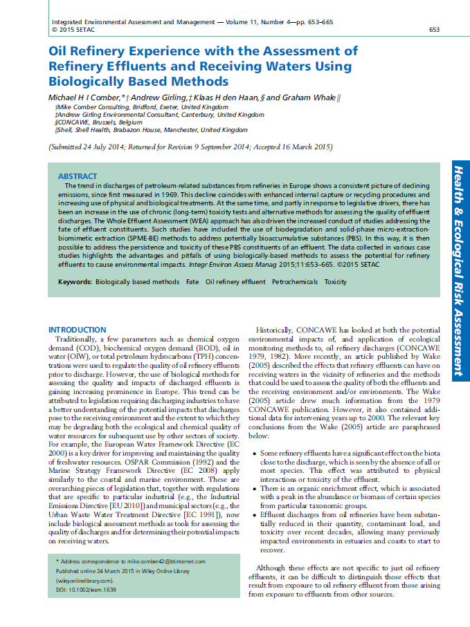 Oil refinery experience with the assessment of refinery effluents and receiving waters using biologically based methods