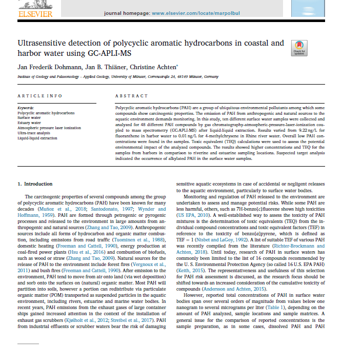 Ultrasensitive detection of polycyclic aromatic hydrocarbons in coastal and harbor water using GC-APLI-MS