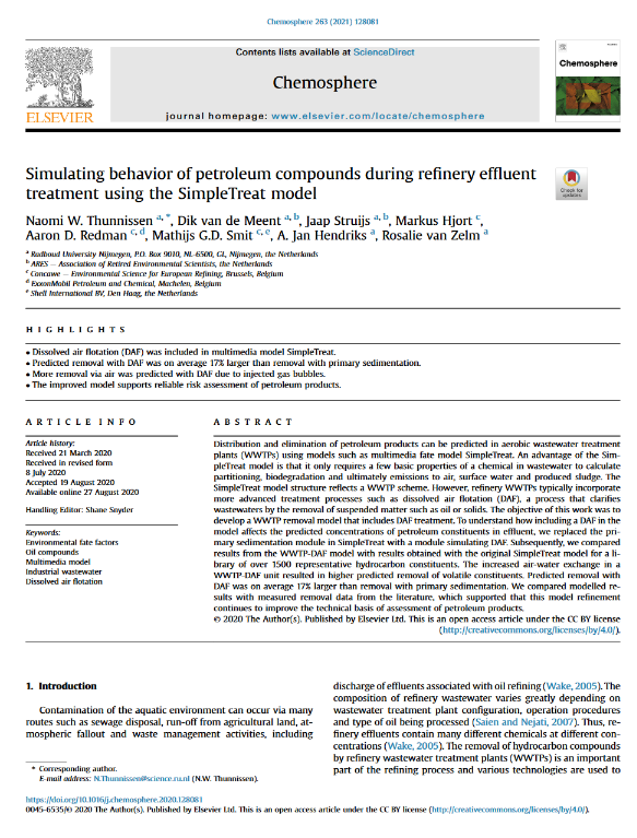 Simulating behavior of petroleum compounds during refinery effluent treatment using the SimpleTreat model