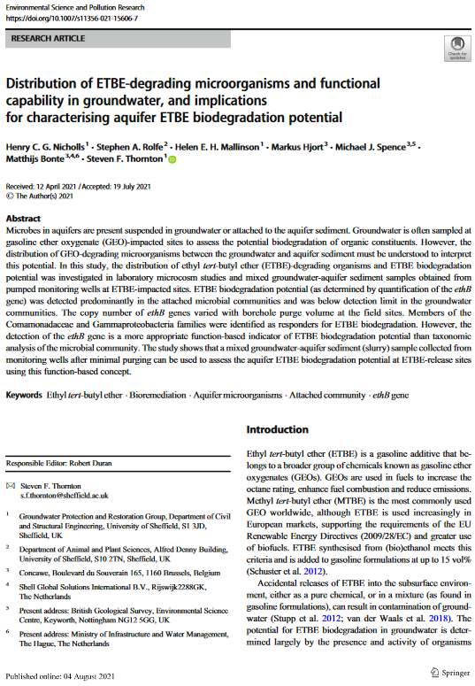 Distribution of ETBE-degrading microorganisms and functional capability in groundwater, and implications for characterising aquifer ETBE biodegradation potential