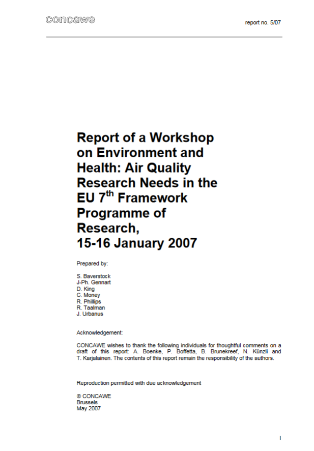 Report of a Workshop on Environment and Health: Air Quality Research Needs in the EU 7th Framework Programme of Research