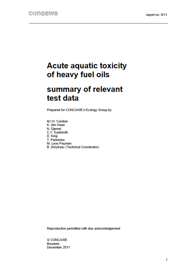 Acute aquatic toxicity of heavy fuel oils summary of relevant test data