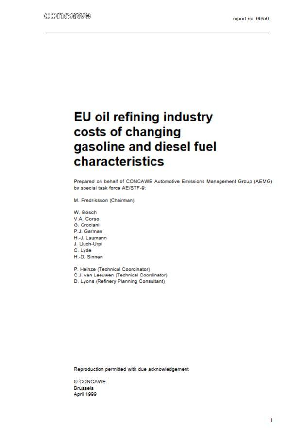 EU oil refining industry costs of changing gasoline and diesel fuel characteristics