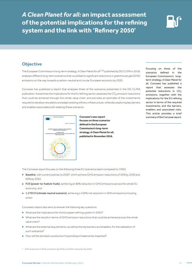 A Clean Planet for all: an impact assessment of the potential implications for the refining system and the link with ‘Refinery 2050’ (Concawe Review 29.2)