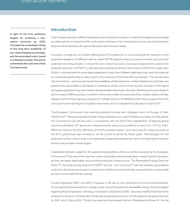 A look into the maximum potential availability and demand for low-carbon feedstocks/fuels in Europe (2020–2050) (literature review) (Concawe Review 27.2)