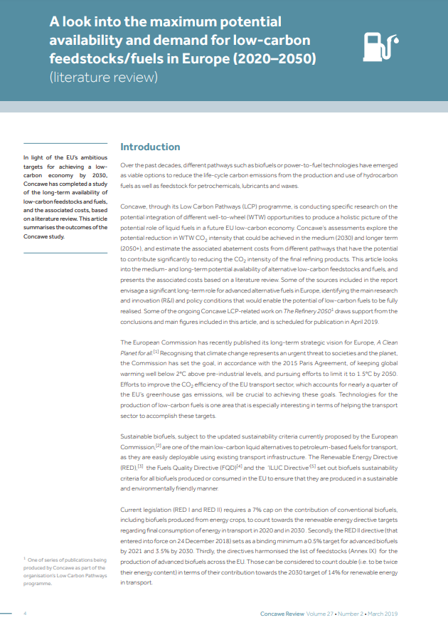 A look into the maximum potential availability and demand for low-carbon feedstocks/fuels in Europe (2020–2050) (literature review) (Concawe Review 27.2)