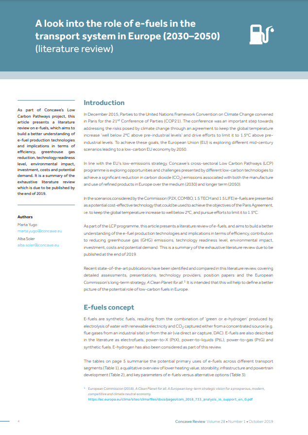 A look into the role of e-fuels in the transport system in Europe (2030–2050) (Concawe Review 28.1)