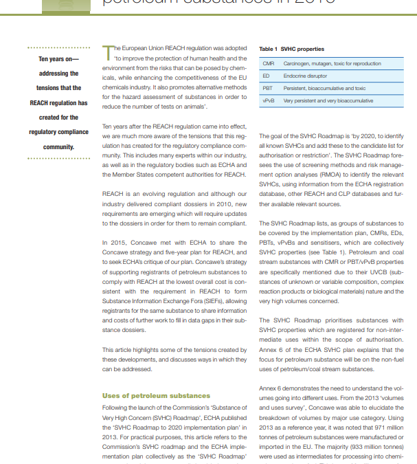 A review of REACH registration for petroleum substances in 2016