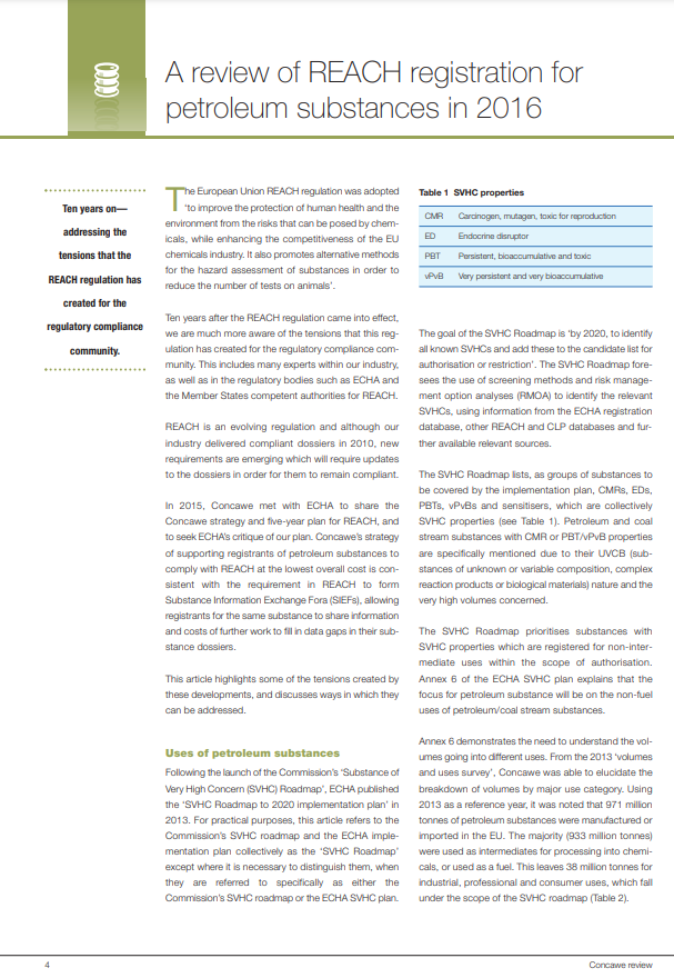 A review of REACH registration for petroleum substances in 2016