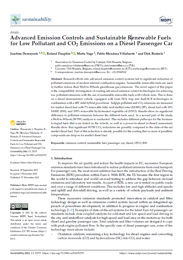 Advanced Emission Controls and Sustainable Renewable Fuels for Low Pollutant and CO2 Emissions on a Diesel Passenger Car