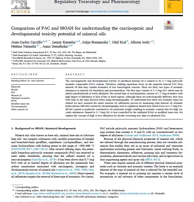 Comparison of PAC and MOAH for understanding the carcinogenic and developmental toxicity potential of mineral oils