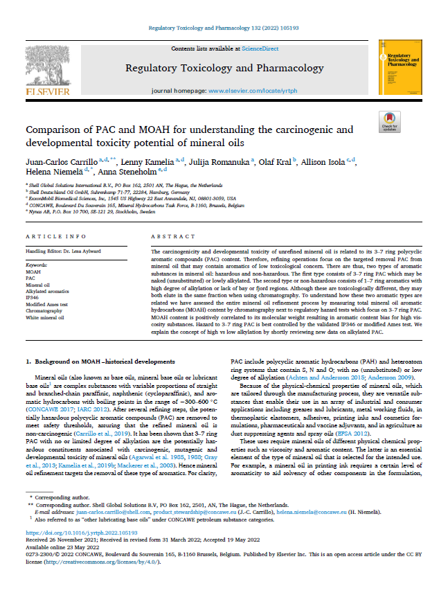 Comparison of PAC and MOAH for understanding the carcinogenic and developmental toxicity potential of mineral oils