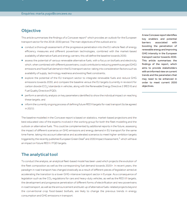 Concawe’s transport and fuel outlook towards the EU 2030 climate targets (baseline and sensitivity analysis) (Concawe Review 30.1)