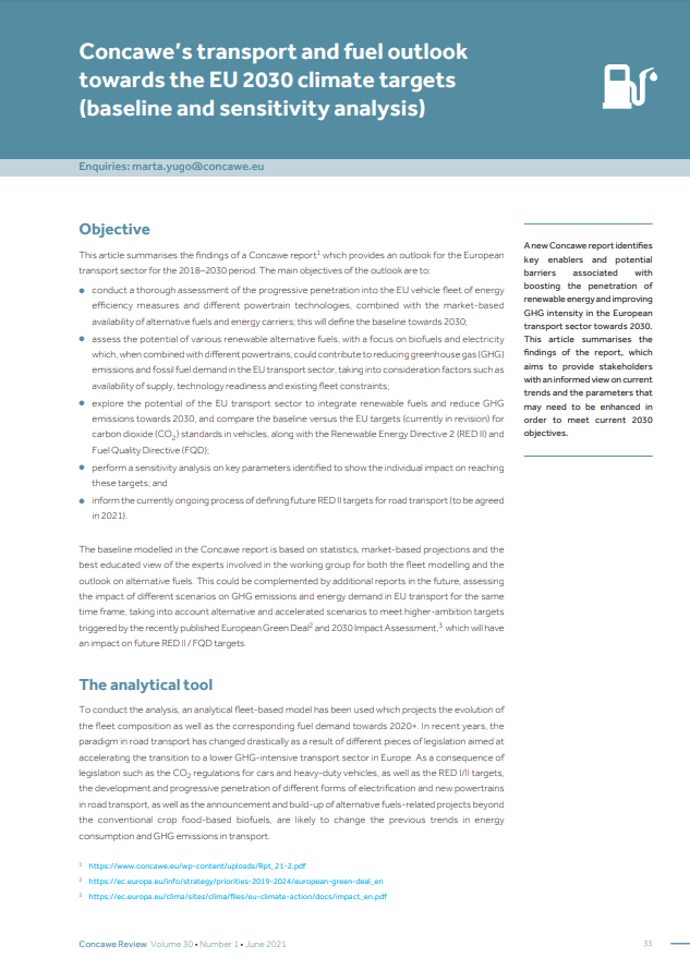 Concawe’s transport and fuel outlook towards the EU 2030 climate targets (baseline and sensitivity analysis) (Concawe Review 30.1)