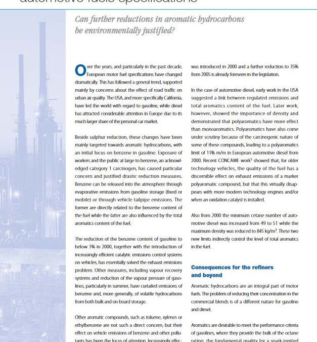 The focus on aromatics in automotive fuels specifications