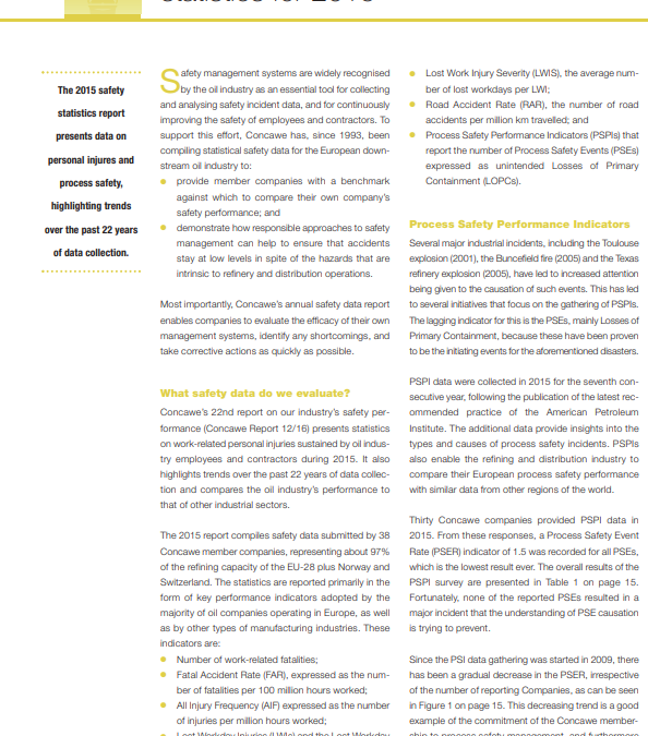 Downstream oil industry safety statistics for 2015