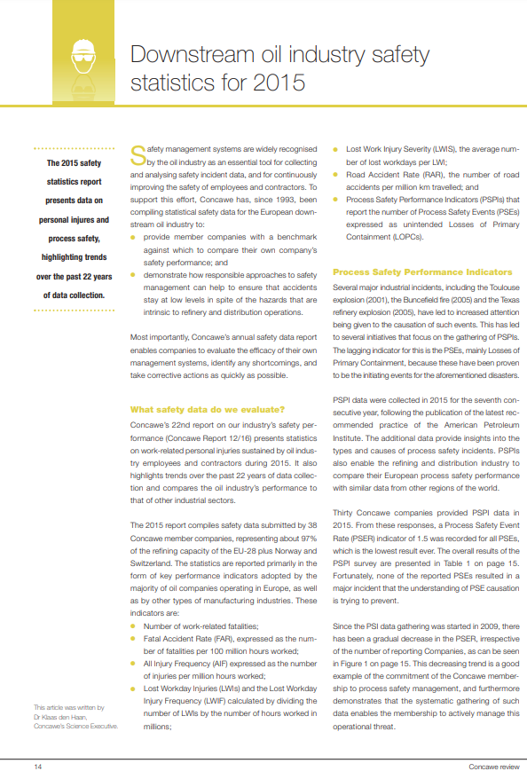 Downstream oil industry safety statistics for 2015