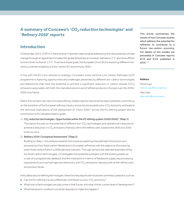 Exploring possible pathways for the EU refining system to contribute to a low-CO2 economy 29 in the 2030–2050 time frame (Concawe Review 29.1)