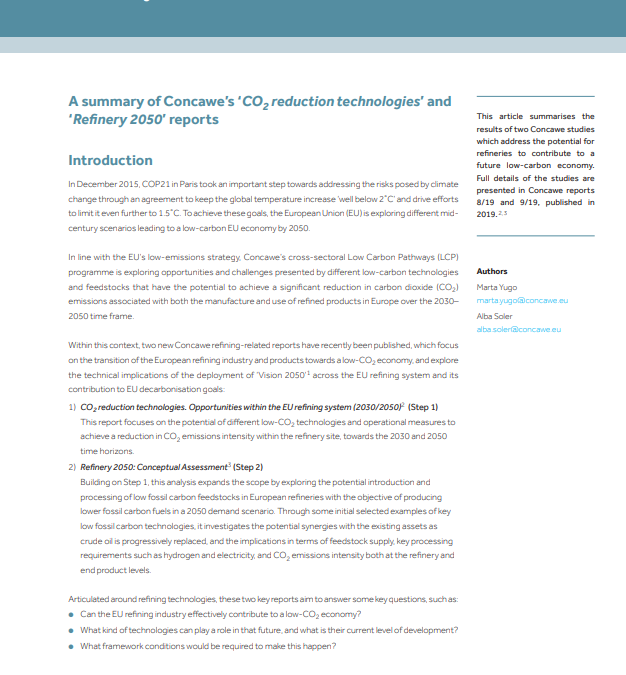 Exploring possible pathways for the EU refining system to contribute to a low-CO2 economy in the 2030–2050 time frame (Concawe Review 29.1)