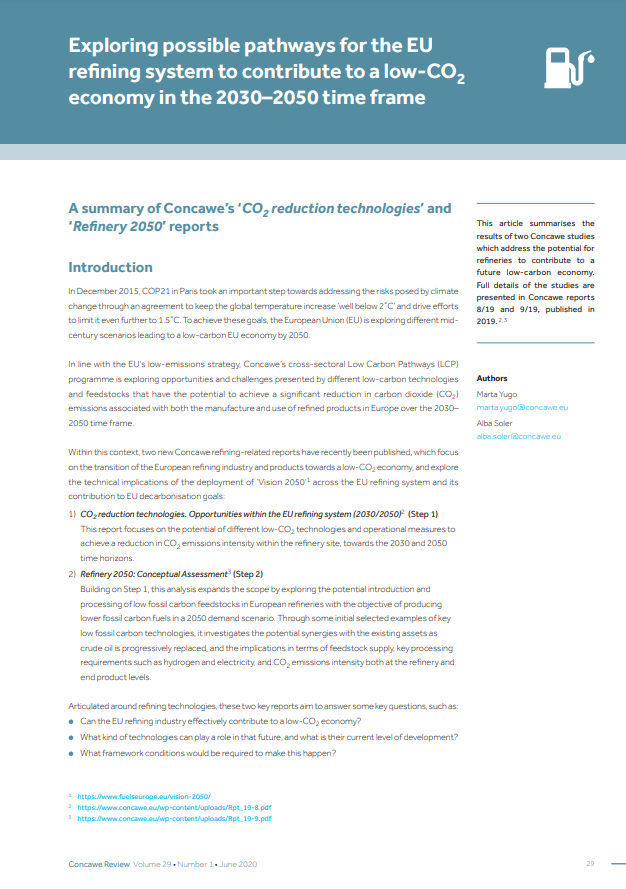 Exploring possible pathways for the EU refining system to contribute to a low-CO2 economy in the 2030–2050 time frame (Concawe Review 29.1)