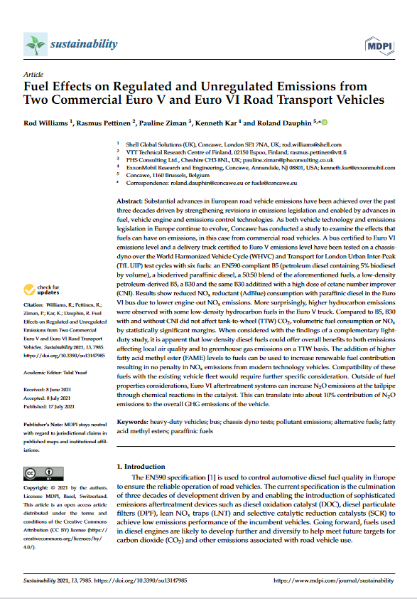 Fuel Effects on Regulated and Unregulated Emissions from Two Commercial Euro V and Euro VI Road Transport Vehicles
