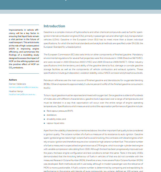 High-octane petrol (HOP) study: making gasoline relevant for the future of road transport (Concawe Review 28.1)