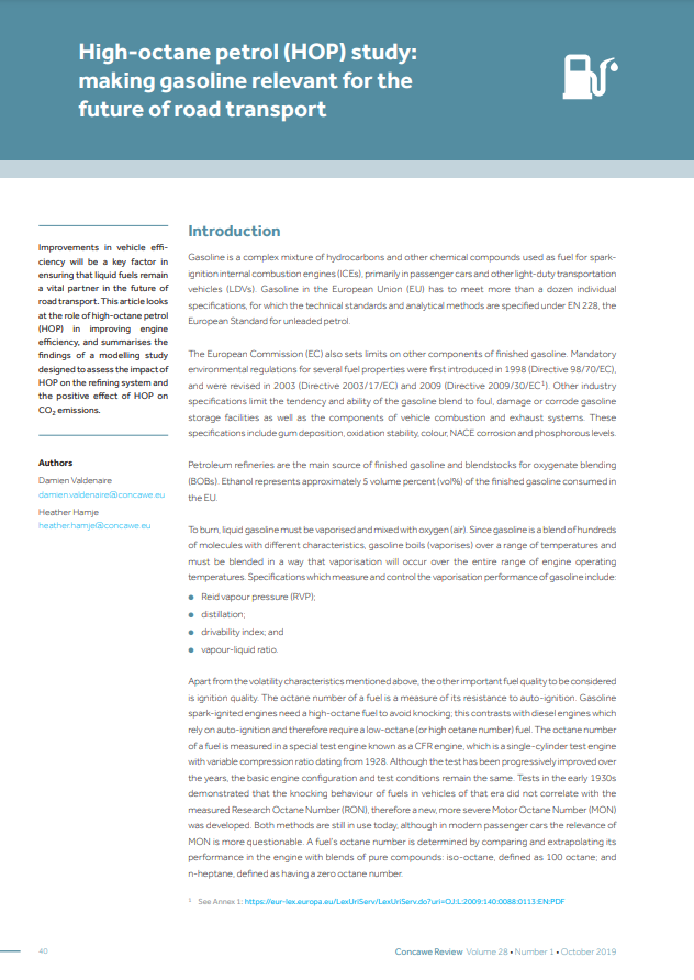 High-octane petrol (HOP) study: making gasoline relevant for the future of road transport (Concawe Review 28.1)