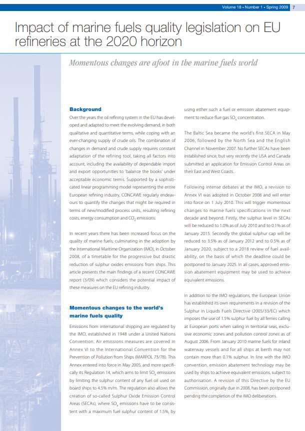 Impact of marine fuels quality legislation on EU refineries at the 2020 horizon