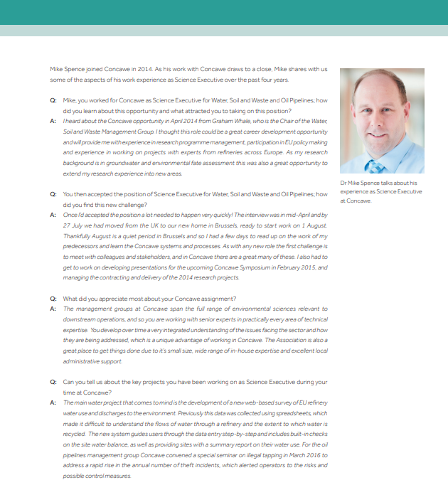 Interview with Dr Mike Spence, Concawe’s Science Executive for Water, Soil and Waste and Oil Pipelines