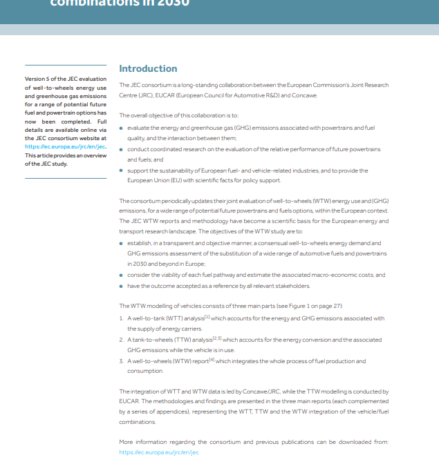 JEC Well-to-Wheels study version 5: a look into the carbon intensity of different fuel/powertrain combinations in 2030 (Concawe Review 29.2)
