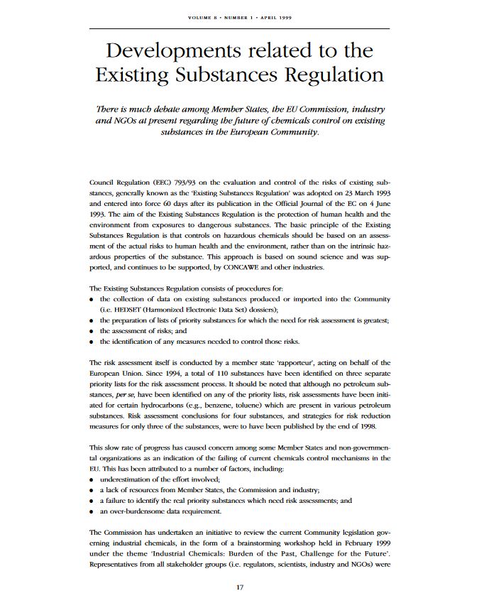 Developments related to the Existing Substances Regulation