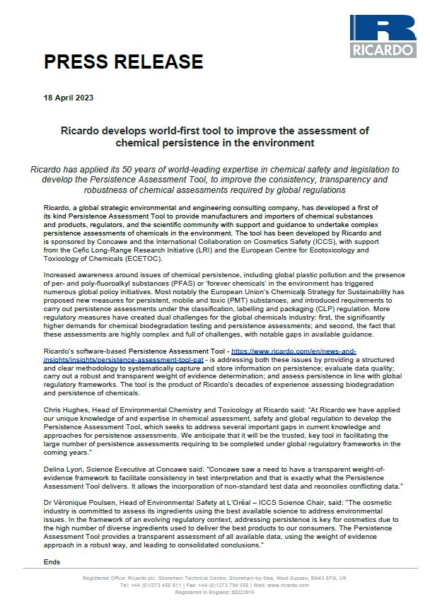 Ricardo develops world-first tool to improve the assessment of chemical persistence in the environment