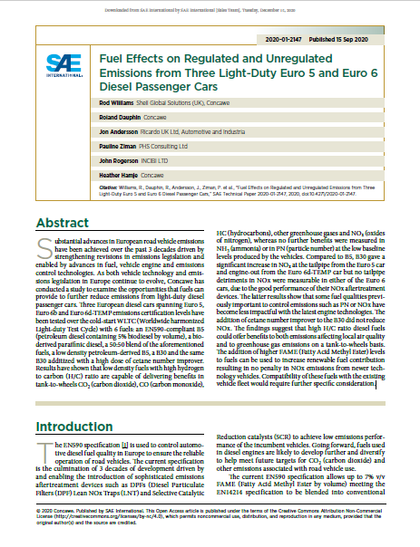 Fuel Effects on Regulated and Unregulated Emissions from Three Light-Duty Euro 5 and Euro 6 Diesel Passenger Cars