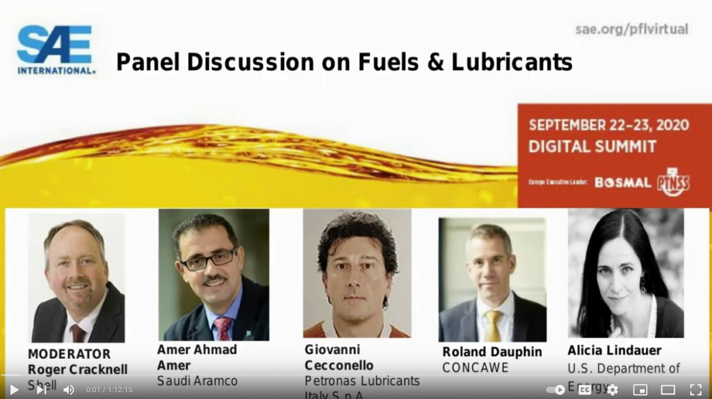 SAE International – Panel Discussion on Fuels & Lubricants, Digital Summit 22/23 September 2020