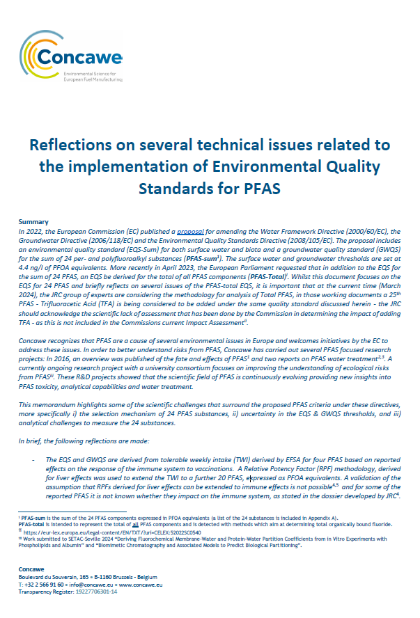 Reflections on several technical issues related to the implementation of Environmental Quality Standards for PFAS