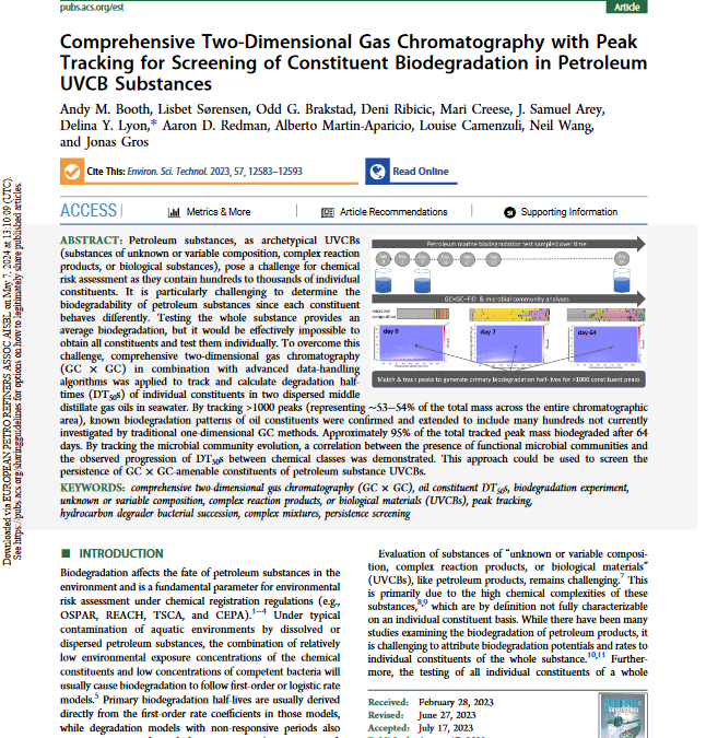 Comprehensive two-dimensional gas chromatography with peak tracking for screening of constituent biodegradation in Petroleum UVCB Substances