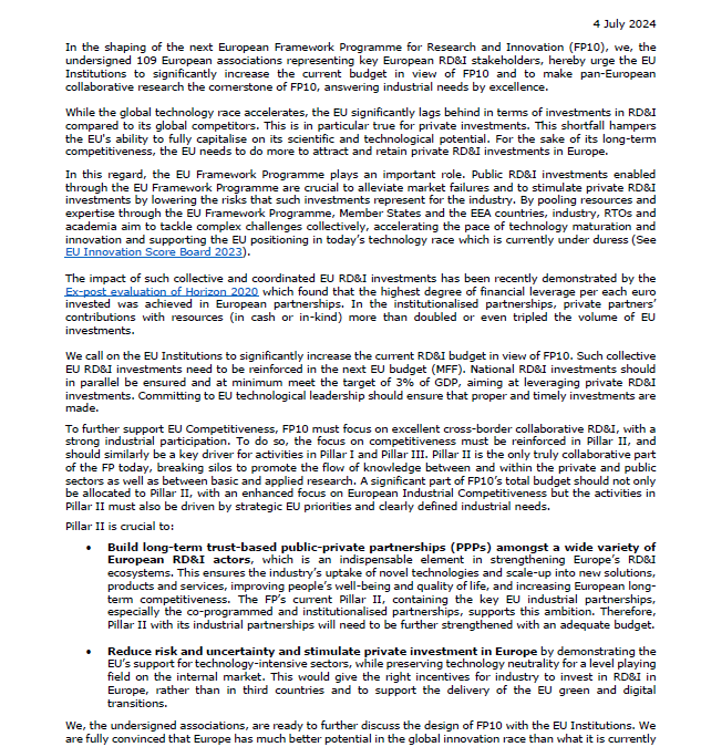 Joint Statement for an Ambitious FP10: Investing in Europe’s Future Competitiveness through Collaborative Research, Development, and Innovation