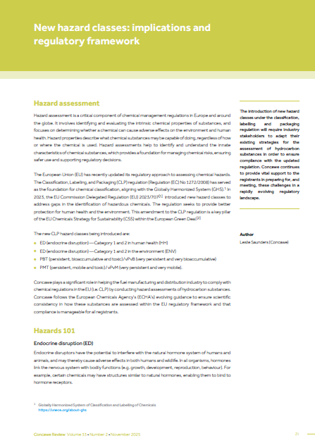 New hazard classes: implications and regulatory framework