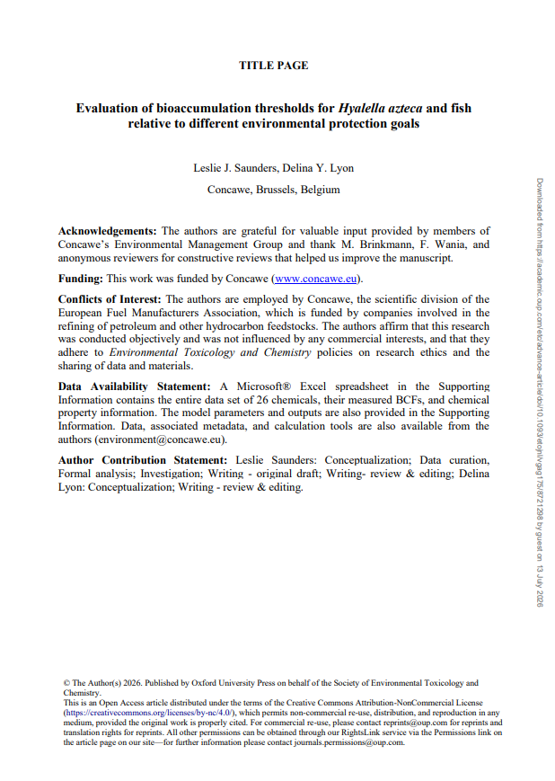 Evaluation of Bioaccumulation Thresholds for Hyalella Azteca and Fish Relative to Different Environmental Protection Goals