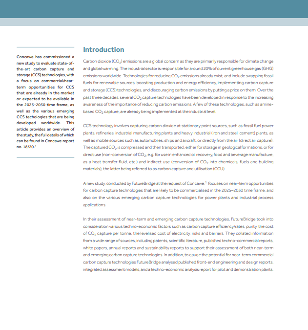 Technology scouting—carbon capture: from today’s to novel technologies (Concawe Review 29.2)