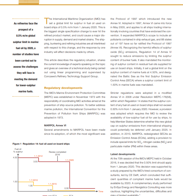 The EU refining industry and the challenge of the IMO global sulphur limit for bunker fuels