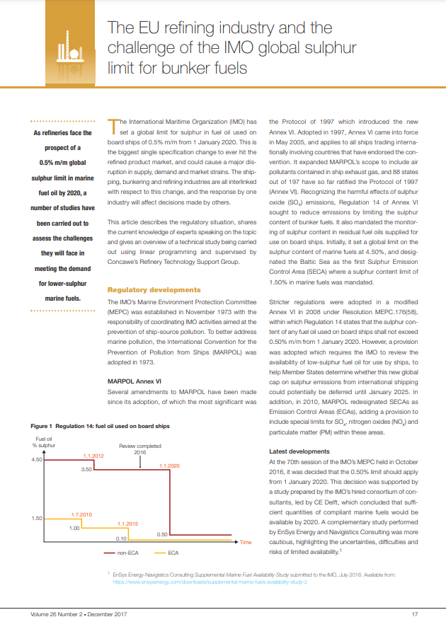 The EU refining industry and the challenge of the IMO global sulphur limit for bunker fuels