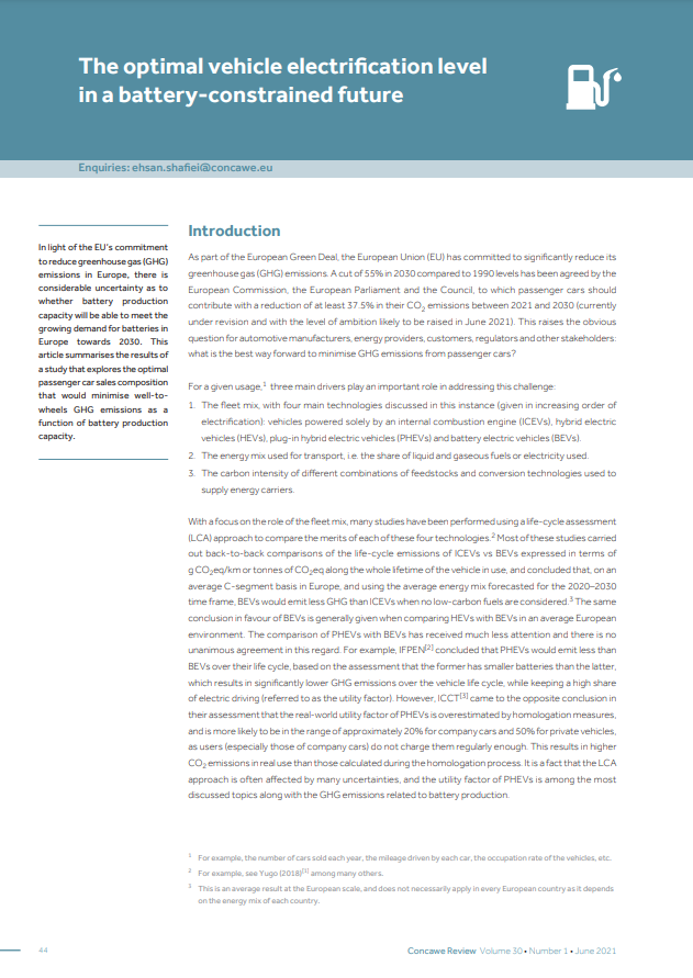 The optimal vehicle electrification level in a battery-constrained future (Concawe Review 30.1)