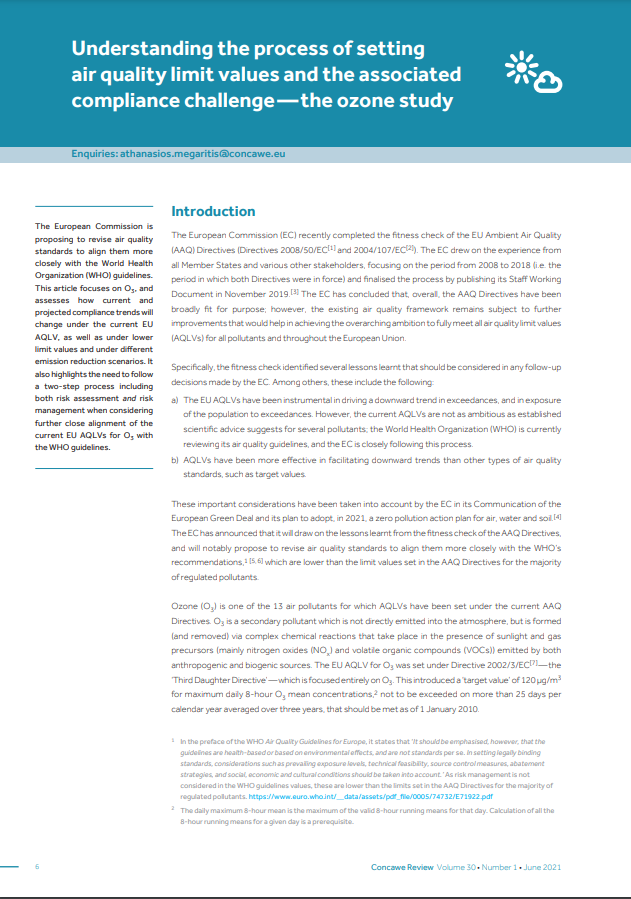 Understanding the process of setting air quality limit values and the associated compliance challenge—the ozone study (Concawe Review 30.1)