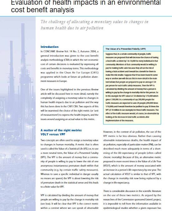 Evaluation of health impacts in an environmental cost benefit analysis