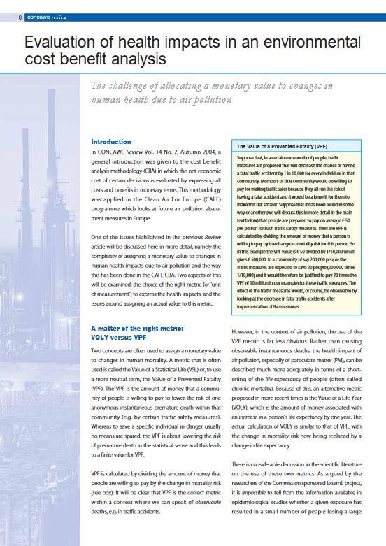 Evaluation of health impacts in an environmental cost benefit analysis